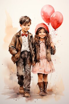 heartwarming watercolor illustration of a boy and girl, holding red balloons for Valentine's Day. Ai generated