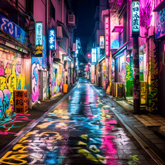 Fototapeta na wymiar Tokyo Nightscapes: Neon Lights and Kanji Graffiti in Blacklight, Generative AI