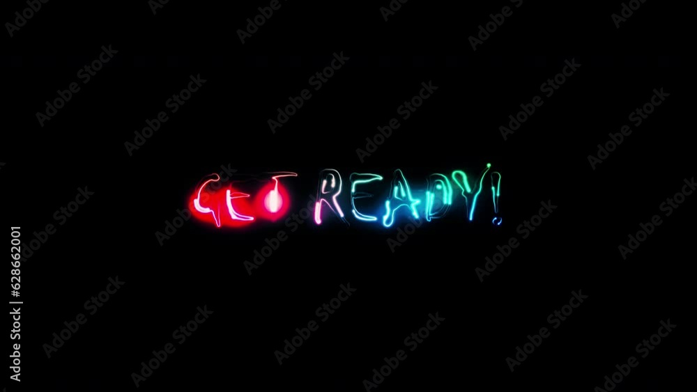 Poster get ready glow colorful neon laser text animation glitch effect on black abstract background.