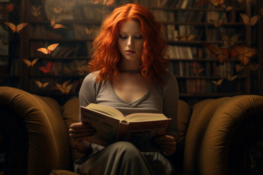 Red-haired Woman Reading in Library 