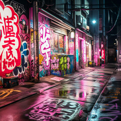 Tokyo Nightscapes: Neon Lights and Kanji Graffiti in Blacklight, Generative AI