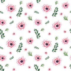 Watercolor seamless pattern of anemones with eucalyptus isolated on transparent background. Illustration for create textile design, scrapbooking, packaging, poster, cover, prints