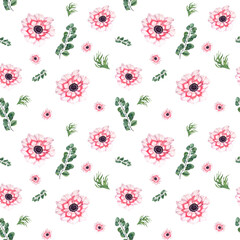 Naklejka premium Watercolor seamless pattern of anemones with eucalyptus isolated on transparent background. Illustration for create textile design, scrapbooking, packaging, poster, cover, prints