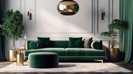 Front view of a modern luxury living room in green colors. White empty walls, comfortable sofa with cushions, ottoman, green plants in flower pots, stylish pendant light. Mockup, 3D rendering.