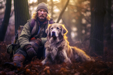 Portrait of a man and his loyal dog in the wilderness, signifying companionship, adventure, and the primal joy of hunting in the serene outdoors