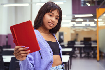 African American woman posing at camera in modern room