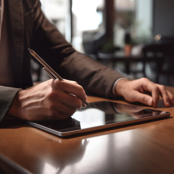 Business Man Working On The Internet, Using Ipad On The Table, Focus On Hand And Pen, Office, Man, Ipad, Businessman.