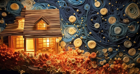 A small decorative house with a light in the window. Abstract background from paper filigree strips. Colorful paper quilling. Art composition. Illustration for cover, card, postcard or interior design