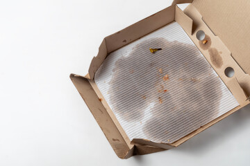 Empty pizza box with grease stains isolated on white. Top view. Copy space.