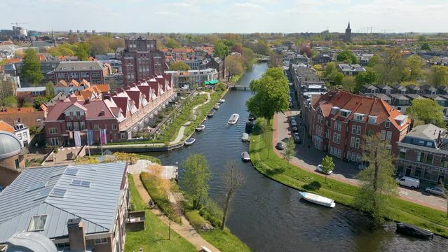 Aerial video of the canals in the city centre of Leiden, the Netherlands