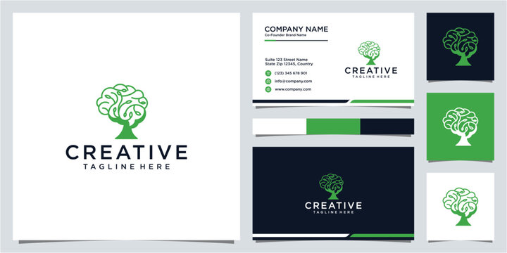 Creative brain and tree combination logo design and business card template
