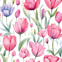 seamless pattern with pink tulips.Pattern with tulip flowers watercolor on white background. beautiful floral pattern with watercolor flowers. watercolor flowers. seamless pattern. watercolor tulips.