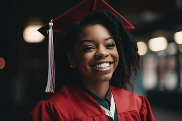 Young black woman wearing red graduation gown and hat