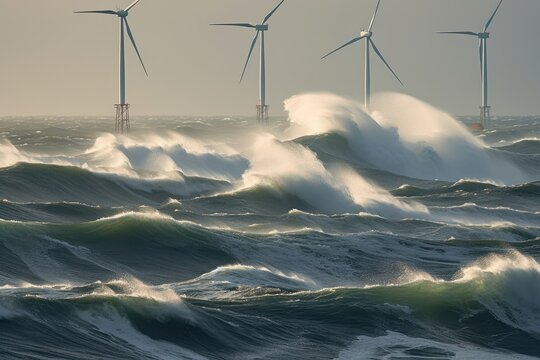 Offshore wind farm in the middle of a stormy north sea. Beautiful gloomy seascape with the wind generators. Sustainable green energy concept. 3D rendering.