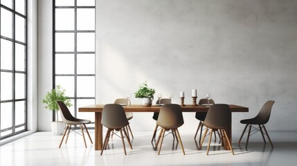 Minimalist composition of loft style dining room interior. Gray concrete walls and floor, wooden table, design chairs, pendant lamps, green plants and dried flowers. Mockup, 3D rendering.