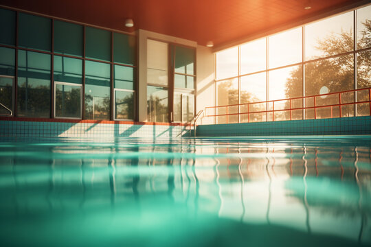 Blurred photograph of a public swimming pool, no people