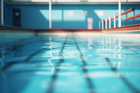 Blurred photograph of a public swimming pool, no people