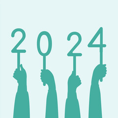 hands. 2024. inscription. year. New Year. signboard. postcard. vector. on a colored background.