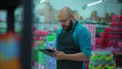 Male Grocery Store Employee with Apron Browsing Inventory on Tablet