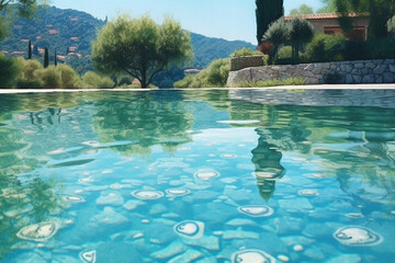 A tranquil poolside scene with crystal clear water reflecting the surrounding landscape Generative AI