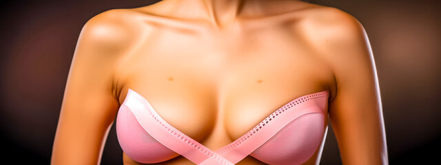 Breast Cancer Awareness Month, young woman in pink bra, banner with copy space made with Generative AI