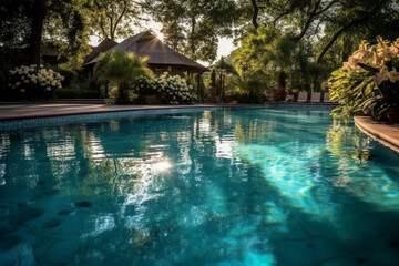 A perfectly maintained pool with sparkling blue water, inviting anyone for a refreshing swim Generative AI