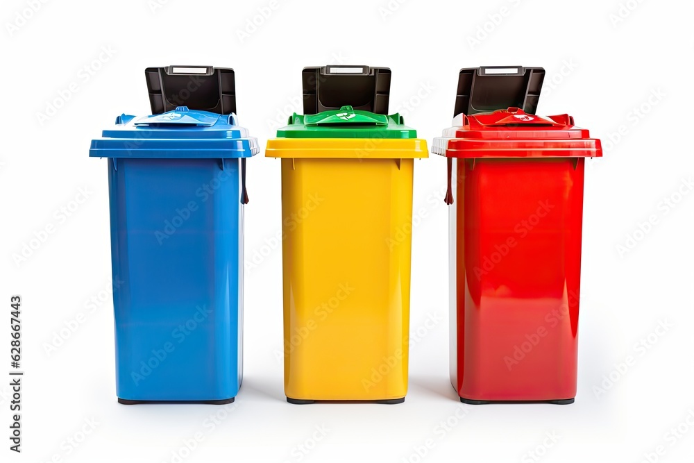 Aufkleber three vibrant garbage containers designed for sorting different types of waste, specifically plastic