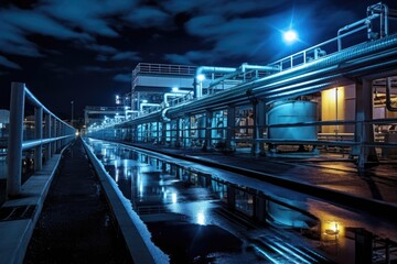 night shot of a wastewater treatment facility - obrazy, fototapety, plakaty