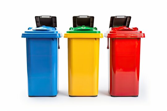 Three vibrant garbage containers designed for sorting different types of waste, specifically plastic, glass, and paper.