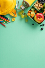 Nutritious lunchtime vertical depiction featuring lunchbox with appetizing sandwiches alongside a...