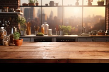 There is an empty table made of wood with a blurry kitchen background, showcasing a montage of different products.
