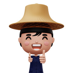 Happy asian farmer wearing mauhom shirt and bamboo hat thumbs up, 3d rendering