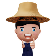 Happy asian farmer wearing mauhom shirt and bamboo hat thumbs up, 3d rendering