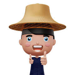 Happy asian farmer wearing mauhom shirt and bamboo hat thumbs up, 3d rendering