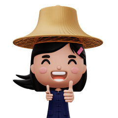 Happy asian farmer wearing mauhom shirt and bamboo hat thumbs up, 3d rendering