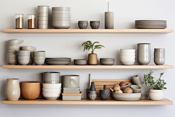 Fototapeta na wymiar Trendy Scandinavian cuisine inspired interior design. Ceramic plates, bowls, cutlery, and comfortable decorations positioned on wooden shelves. Kitchen shelves made of wood showcasing different
