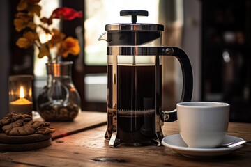 french press filled with freshly brewed coffee