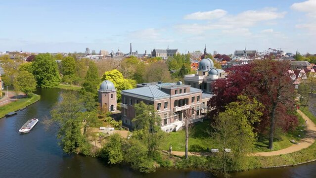 Aerial drone video of the observatorium in Leiden, the Netherlands