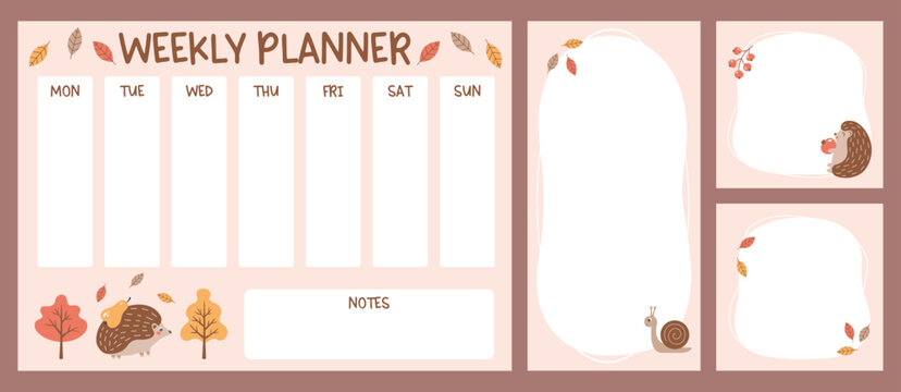 Weekly planner and note sheets for kids with cute hedgehog and snail. Autumn theme school timetable. Class schedule for elementary school students. Fall theme pages. Vector hand drawn illustration.