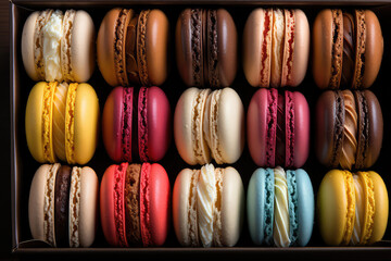 Top view of a box of colorful French macaroons lying in stacks. Appetizing almond meringue macarons with cream. Sweet wallpaper