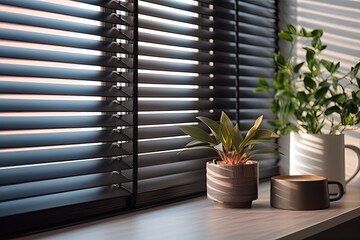 There is a close up of black wooden blinds on the window, with bamboo slats that are 50mm wide. In the kitchen, there are Venetian wood blinds with black tapes. Near the window, there is a sink with a - obrazy, fototapety, plakaty