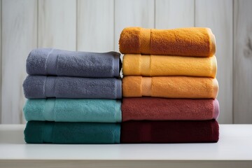 A set of colored towels for shower and spa on the shelf