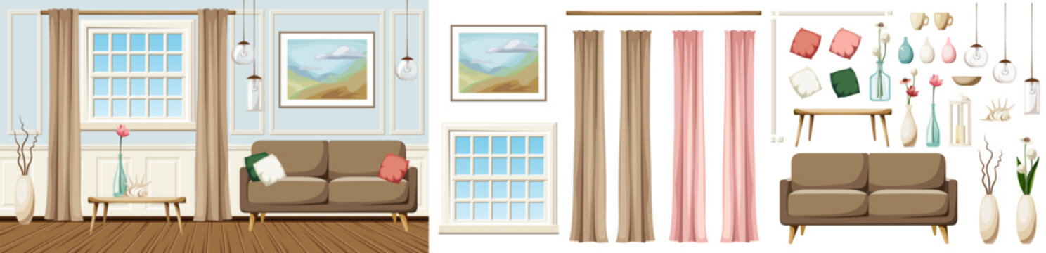 Classic living room interior design with a sofa, a window, a painting, and hanging lamps. Furniture set. Interior constructor. Cartoon vector illustration