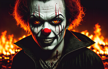 A creepy inducing clown on the background of a burning city. Horror clown monster