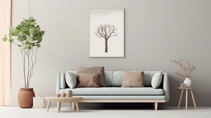 Front view of a modern luxury living room in light colors. White wall with poster template, comfortable sofa with cushions, coffee table, green plant in a pot, home decor. Mockup, 3D rendering.
