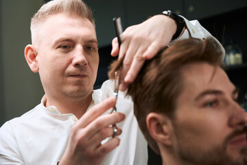 Fototapeta premium Diligent barber working with client in hair salon