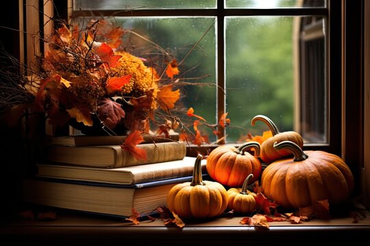 The setting deplicts a fall scene with pumpkins, books, nuts, and autumn leaves arranged on a windowsill. This arrangement represents the autumn season and creates a warm and inviting atmosphere for