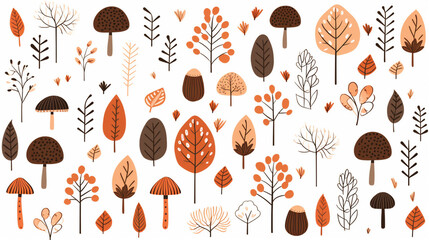 Abstract Mushroom Doodle Wallpaper Pattern - Minimalist Dried Fall and Autumn Leaves and Branches on White Background - Thanksgiving, Halloween Vector Concept - Generative AI