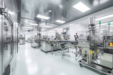 Contemporary drug production workshop interior. Spacy bright sterile room, facility with modern industrial machinery. Manufacturing process: pharmaceutics, semiconductors, biotechnology. 3D rendering.
