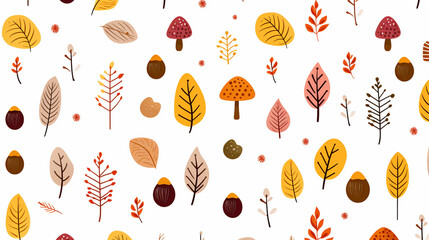 Abstract Mushroom Doodle Wallpaper Pattern - Minimalist Dried Fall and Autumn Leaves and Branches on White Background - Thanksgiving, Halloween Vector Concept - Generative AI